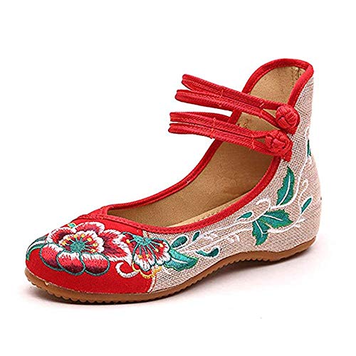 Bininbox Women Chinese Embroidered Flower Flat Bridal Mary Jane Ballet Shoes(6.5 B(M) Us,Red) #TOP13