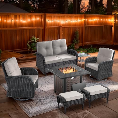7 Piece Patio Furniture Set with Fire Pit Table – Wicker Patio Conversation Set with Swivel Glider, Glider Loveseat, Side Table and 2 Ottomans for Deck Backyard – Black Wicker Beige Cushion