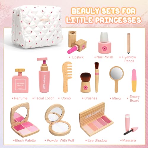 Wooden Pretend Makeup Kit for Toddlers: Non Toxic Mess Free Play Makeup Toy Set for 1 2 3 Year Old Girls - Perfect Toddler Montessori Toys Christmas Birthday Gift Ideas