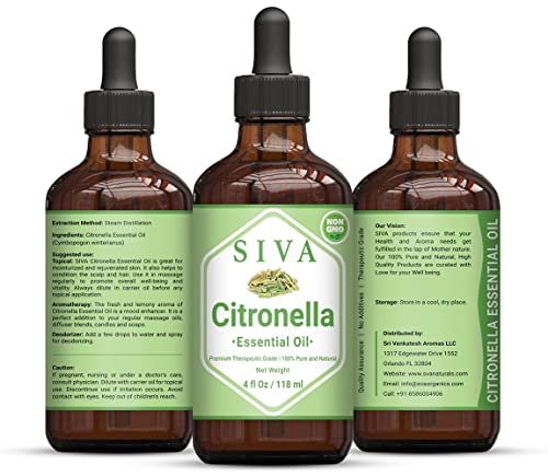 Siva Citronella Essential Oil 4 Fl Oz With Premium Glass Dropper – 100% Pure, Natural, Undiluted & Therapeutic Grade, Amazing For Nourished Skin, Moisturized Hair, Diffuser, Massage & Aromatherapy #TOP2