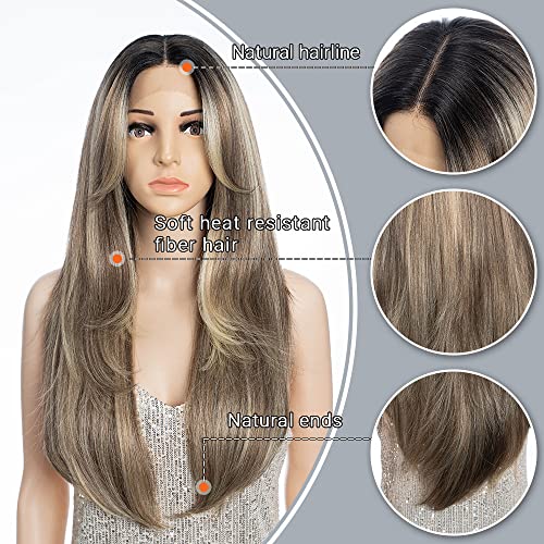 FASHION IDOL Wig for Women Synthetic Lace Frontal Wigs Door Curtain Bangs in the Split Lace Hair Stitching Layered Wig Highlights 28 Inch - Image 4
