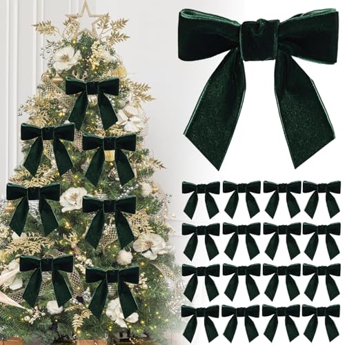 16P Christmas Dark Green Velvet Ribbon Gift Bows,4.3 Green Velvet Bows with Twist Ties,Christmas Tree Bow,Vintage Wedding Velvets BowXmas Wreaths Garland Velvets Ribbon for Pretied Gift Wrapping Bows