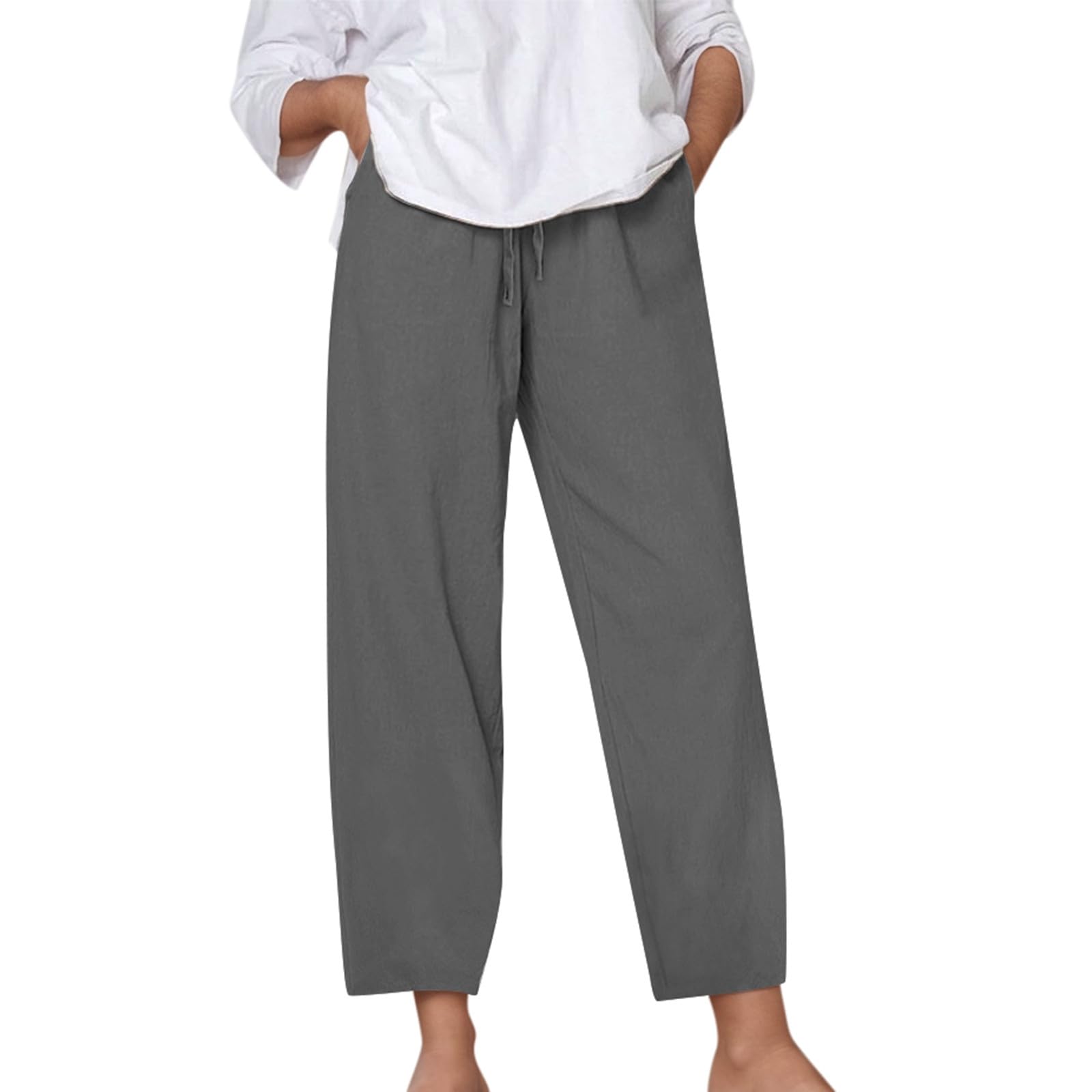 Summer Pants for Women Cotton Linen Elastic High Waist Casual Pants Solid Color Baggy Trendy Comfy Pocket Lounge Pant Dark Gray XXL