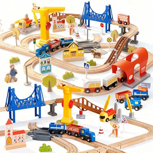 Kit de Rails en Bois « Train Urbain Moderne » – Système de Train à Jouets pour Voitures, ponts, grues, quais et Plus Encore – Ensemble de 94 pièces de...