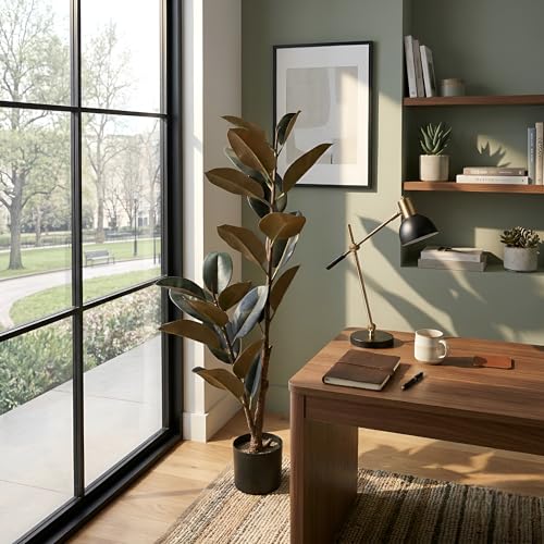 Image of Kayra Decor Artificial Rubber Plant 4ft with Pot - Ficus Elastica Tree | Faux Indoor Plant for Living Room, Office, Balcony & Home Decor