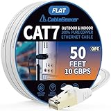 Cat 7 Shielded Ethernet Patch Cable 50 ft White (Highest Speed Cable) Cat7 Flat Internet Network Cable with Snagless RJ45 Connector for Modem, Router, LAN, Computer + Free Cable Clips and Straps