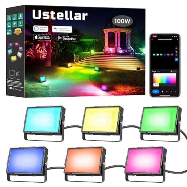 Ustellar RGBW Flood Light Spotlight Landscape lights 100W Total Color Changing Warm White