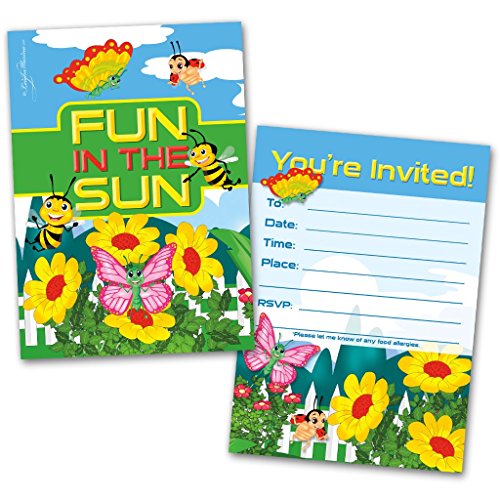 Leigha Marina Fun in the Sun Party Invitation Cards for Kids, 20 Invites & 20 Envelopes - Fill in the Blank Greeting Notes - Multi-Use, Birthday, Themed Celebration