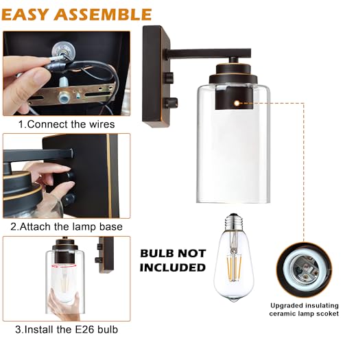 Image of Pia Ricco Wall Sconces Set of 2, Bedside Wall Lamps with Switch for Bedroom, Modern Bathroom Light Fixtures with Clear Glass Shade, Oil Rubbed Bronze Sconces Wall Lights for Living Room, Hallway