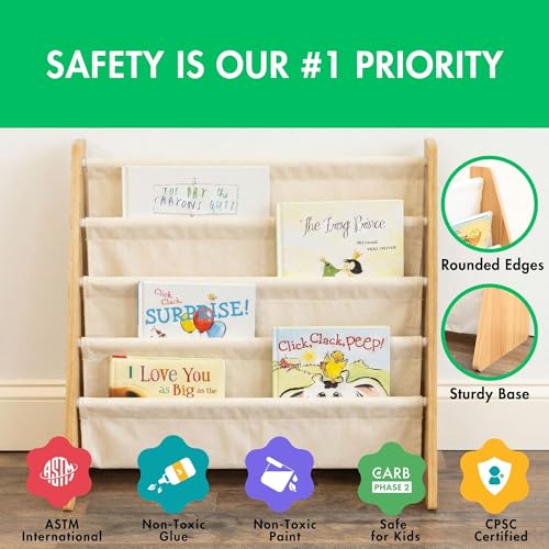 Image of Humble Crew 4-Tier Kids Bookshelf, Natural /White - Premium Book Shelf for Kids Rooms with Four Deep Pockets - Toddler Sling Book Rack with Deep Sleeves, Nursery Bookcase Organizer