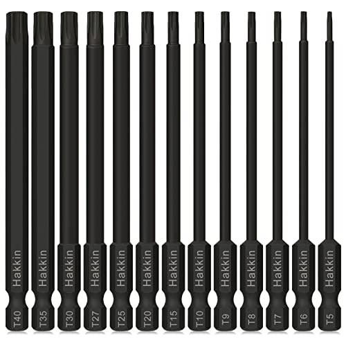 Torx Bit Set Hakkin 13Pcs 100mm Long Torx Bits S2 Steel Torx Screwdriver Sets Tamper Proof Security Bits 1/4” Hex Shank Magnetic T5-T40 Phosphate Treatment