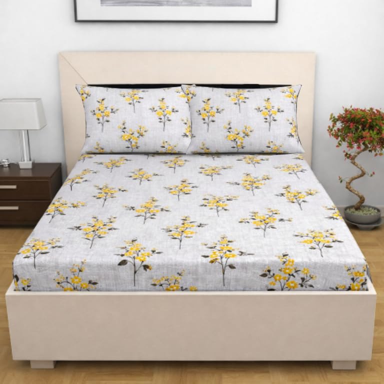 Image of Designer Floral Printed Flat Bedsheet for Double Bed 200tc to 220tc | Ultra Soft Cotton Fabric | King /Queen Size Top Sheet with 2 Matching Pillow Covers - 228 x 228 Cm, Grey Yellow
