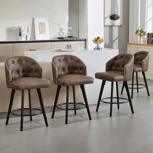 KHISCHMO Barhocker 4er Set Barstuhl aus Leder 360° Drehbar mit Holzrahmen Frühstück Barstühle...