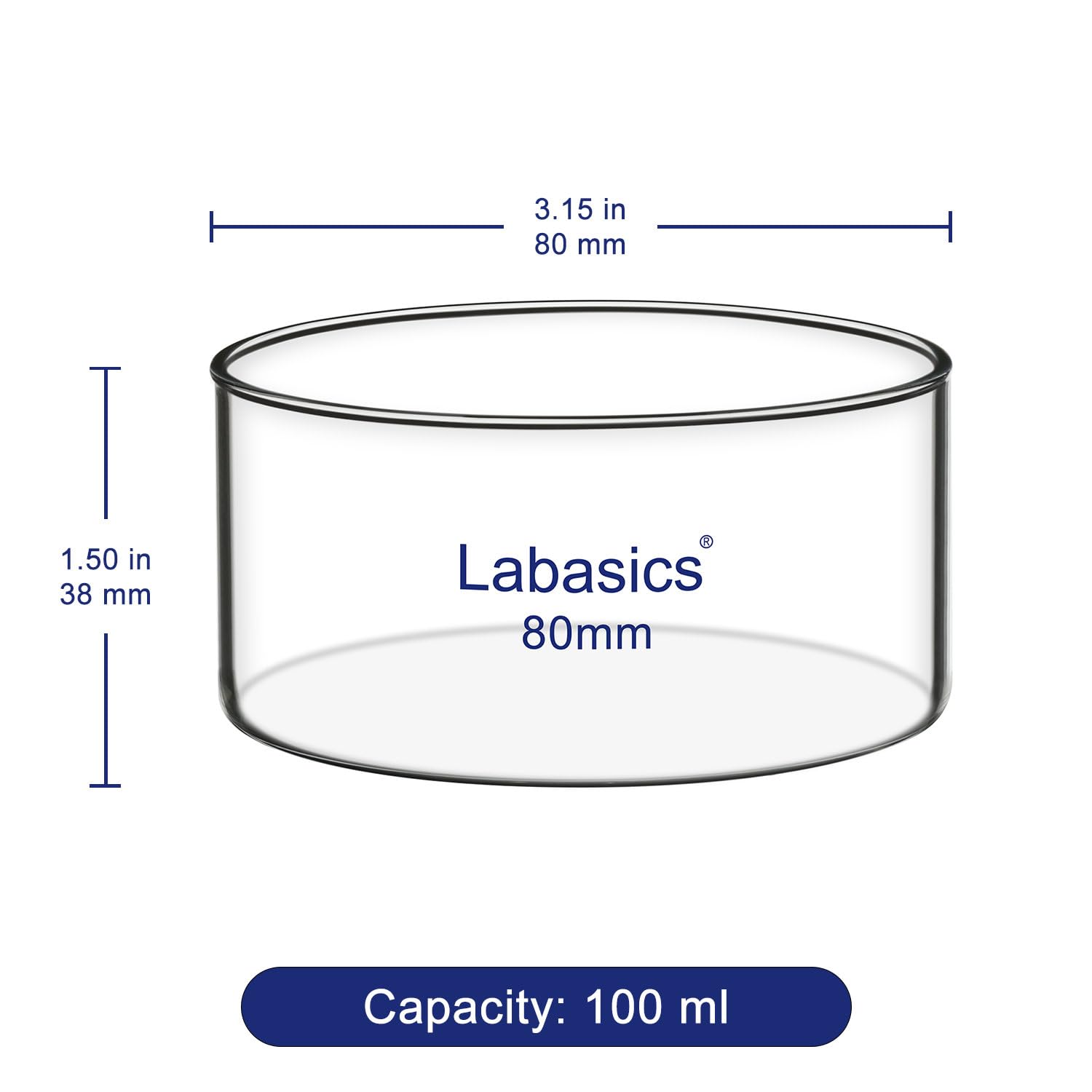 Labasics Piatto Cristallizzante, Fondo Piatto Senza Beccuccio in Vetro Borosilicato Spesso ad Alta Resistenza per Cristallizzazione ed Evaporazione, Diametro Esterno 80 mm, Capacità 100 ml