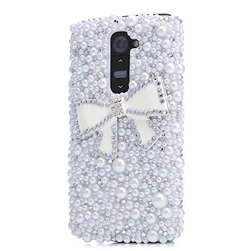 STENES Bling Phone Case Compatible with LG Escape 2 / Spirit 4G LTE Case, Luxurious Crystal 3D Handmade Sparkle Diamond Rhinestone Cover - Bowknot/White