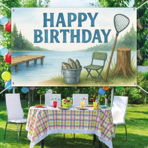 Image of HOMETITUTE Fishing Happy Birthday Banner 71x43 Inch Outdoor Theme