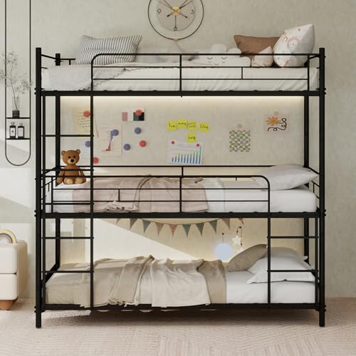 JCFEIDQW Cama triple 92x192cm x3, Litera, Cama Triple Pesada, Cuna, Barandilla Continua de Escalera Integrada, Dormitorio/Dormitorio, Sin muelles Necesario (Negro)