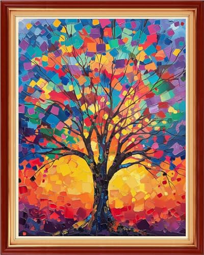 Image of Foxdiviy Stamped Cross Stitch Kits for Beginners Full Range of Cross Stitching 11 CT Printed Cross Stitch Kits for Adults Cross Stitch Patterns Needlepoint Kits-Colorful Tree 16x20 inch