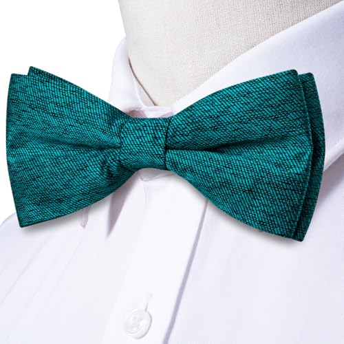 Image of Hi-Tie Teal Men Bowtie Lapel Pin Sets Pre-Tied Handkerchief Cufflinks Mens Bowtie Sets for Wedding Formal Party