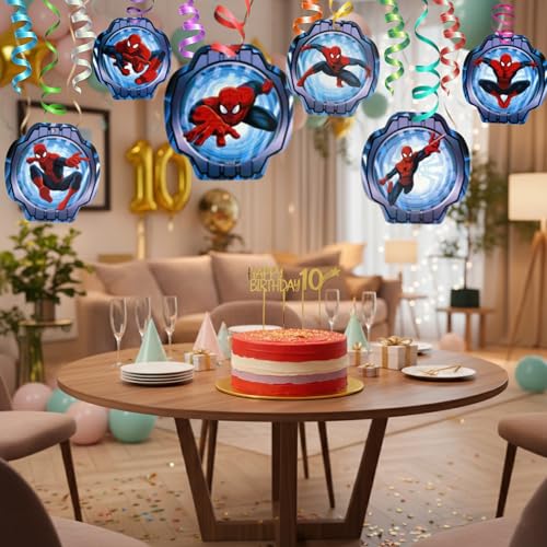 Image of WANNA PARTY Superhero Theme Hanging Swirl Decorations Pack of 12 with 6 Cutouts - Multicolor Ceiling Spiral Party Decor for Boys Birthday Decoration Items