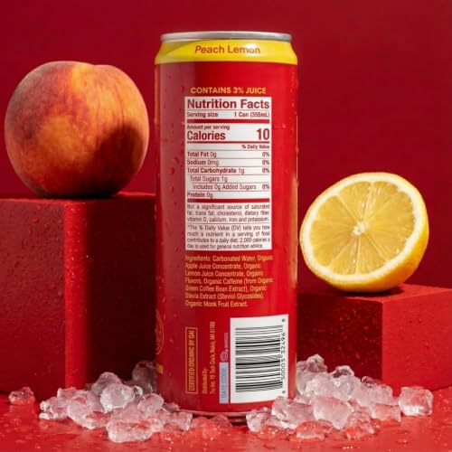 Image of Tru Organic Energy Drink, Caffeinated Sparkling Water with Real Fruit Juice, Peach Lemon Flavored Seltzer, Natural Caffeine, No Added Sugar, Keto, Vegan, Kosher, Gluten Free, 12 Fl Oz (Pack of 12)