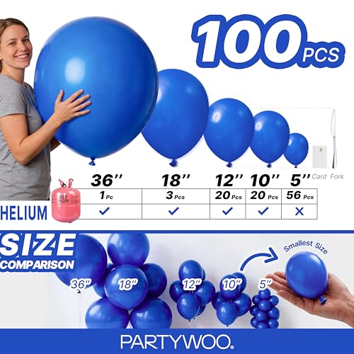 Image of PartyWoo Royal Blue Balloons 100pcs Different Sizes Pack of 36 18 12 10 5 Inch Dark Blue Balloon Arch Kit for Baby Shower Gender Reveal Graduation Under The Sea Birthday Party Decorations Blue-Y59