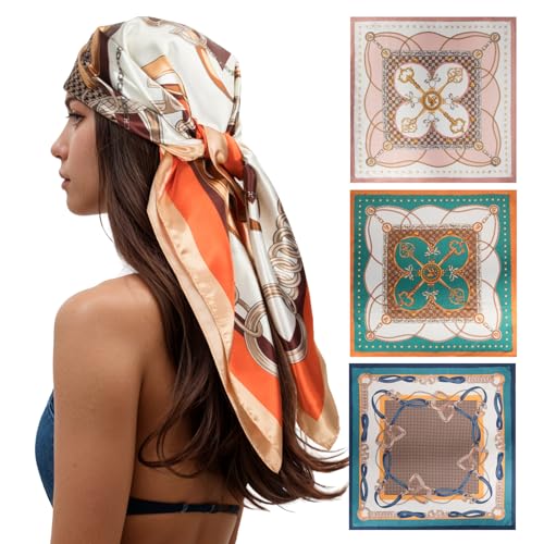 RIIQIICHY 35 Inch Head Scarf for Women Like Silk Scarf Hair Scarf - 4 PCS Square Scarf Bandanas for Women Orange/Green/Pink/Indigo Blue