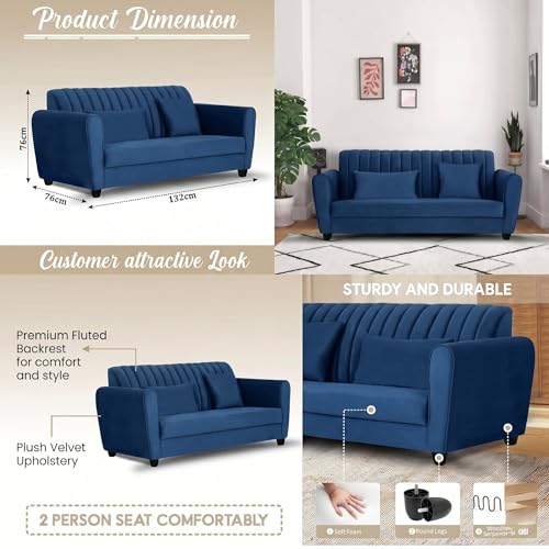 Image of Velvet 2 Seater Sofa, Chesterfield Tufted Sofa with Nailhead Trim, Rolled Arm Sofa with Wood Legs for Living Room & Office (Blue)