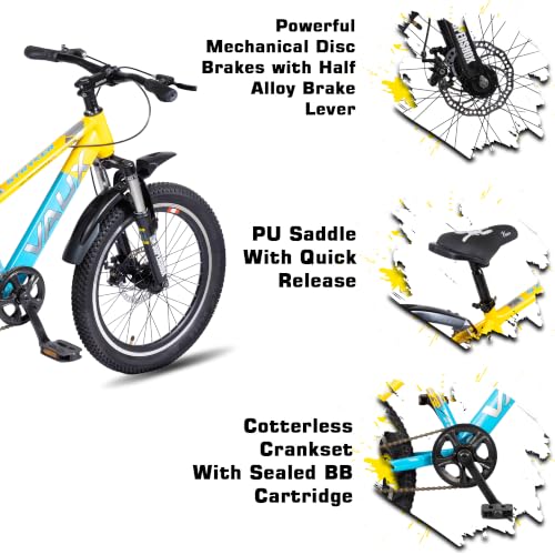 Image of Vaux Stryker 20T Kids Cycle for Boys & Girls with Dual Disc Brake,MTB Bicycle for Kids 5-8 Years with 12 inch Steel Frame, Front Suspension, 20 * 2.40 Wide Tyres(Yellow-Blue)