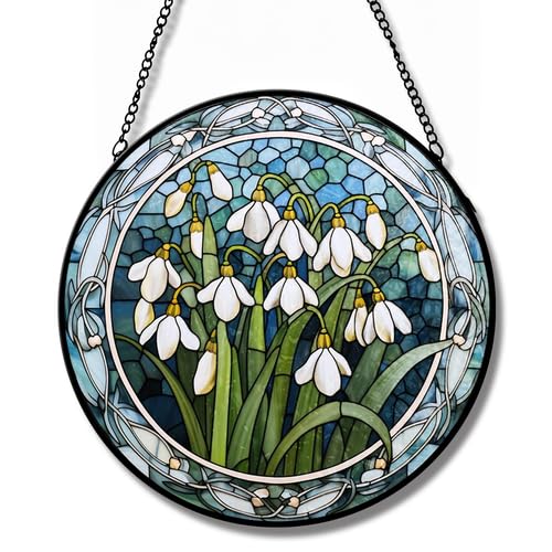 Geroclonup Stained Glass Window Hanging - Snowdrops Sun Catcher for Door Terrace Garden Home Decor, Flowers Plants Suncatcher Birthday Gifts for Lovers Women Men Dad Mom Nana 20cm