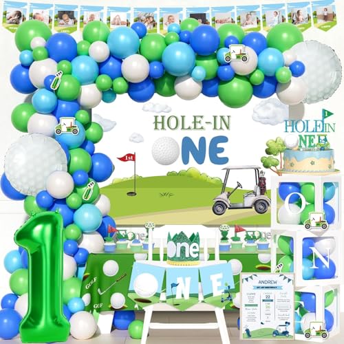 Fiesec Hole In One First Birthday Decorations, Golf Themed Party Kit With Backdrop, Banner, Tablecloth, Cake &Amp; Cupcake Toppers, Balloons, Cutouts, Crown, Poster For One Year Old Birthday Boy