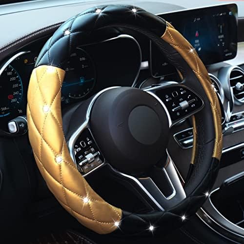Xizopucy Black Gold Leather Bling Steering Wheel Cover, Anti-Slip Steering Wheel Protector with Crystal Rhinestones, Bling Steering Wheel Cover for Women and Girl Fit 14.5-15 inch