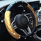 Xizopucy Black Gold Leather Bling Steering Wheel Cover, Anti-Slip Steering Wheel Protector with Crys