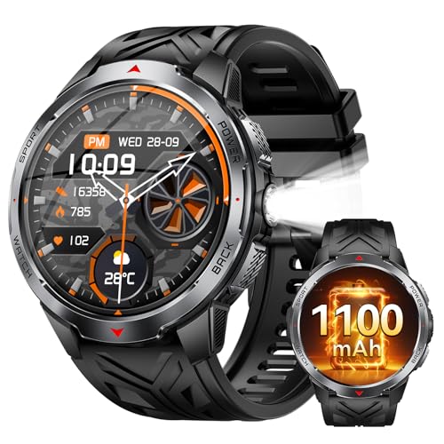 Military Smart Watch for Men with 1100 mAh Battery/LED Flashlight,