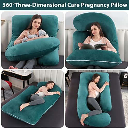 Image of U-Shaped Full Body Pregnancy Pillow for Sleeping - 57 inch Maternity Pillow with Removable Cover, Support for Back, Legs, Belly & Hips (Velvet-Dark Green)