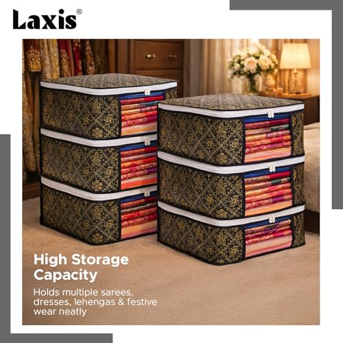 Image of LAXIS Foldable Royal Print Saree Cover Set, Saree Bags, Saree Covers For Storage, Wardrobe Organiser | (Golden-Black, Pack of 3)