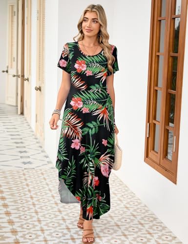 Image of JollieLovin Womens Plus Size Casual Summer Maxi Long Dress Short Sleeve T-Shirt Loose Sun Dress(L-5X)