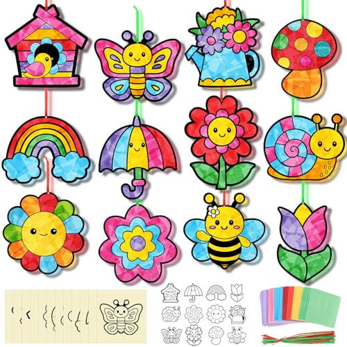 AmazingSpark 36 Set Summer Suncatcher Crafts Kit DIY Summer Stained Glass Tissue Paper Hanging Window Art Butterfly Mushroom Rainbow Sunflower Flower Ornaments for Party Supplies Decor