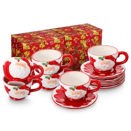 Sieral 6 Sets Christmas Santa Cups Saucers Ceramic Mugs,Snowflake Style