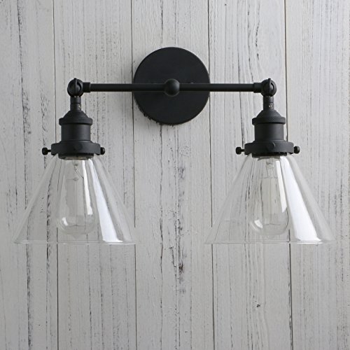 Image of Industrial Double Sconce 2-Lights Wall Sconces with Dual Funnel Clear Glass Shade Wall Sconce for Mirror Hallway Bedroom, Hardwired, E26 Base (Black)
