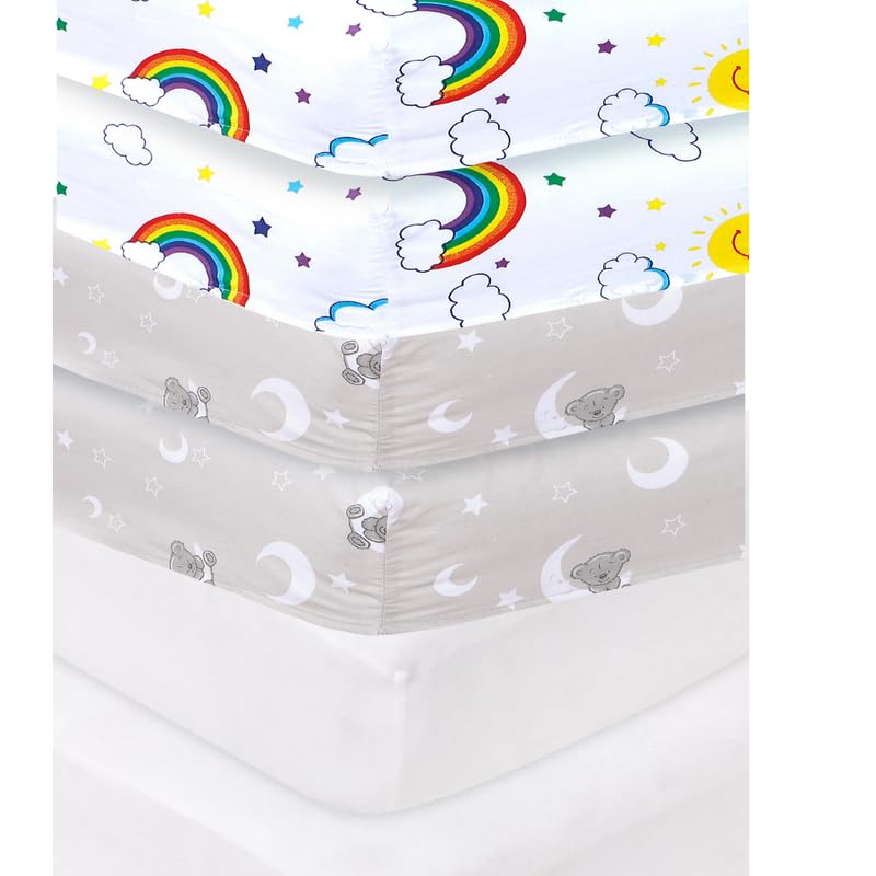 6 X Cot Bed Fitted Sheets, 70 x 140 cm Easy Care Fine Quality (Sleeping Teddy- Rainbow-White)