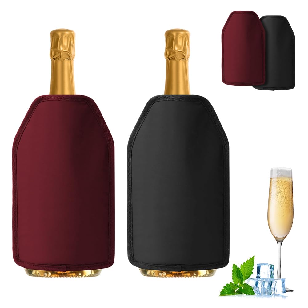 Manicotto refrigerante per vino, 2 pezzi, raffreddamento extra lungo, in nylon idrorepellente, per vino, champagne, casa, gastronomia, esterno (nero + rosso)
