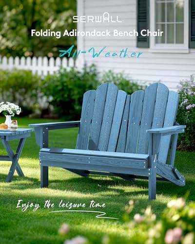 Image of SERWALL Folding Adirondack Bench, HDPE All-Weather, 660lbs Cap, Navy