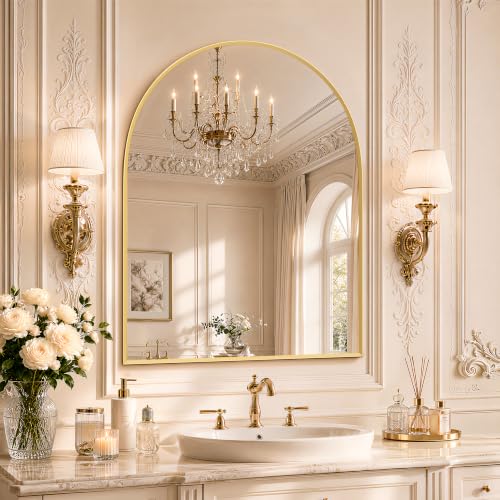 Image of 30 inchx38 inch Arched Black Bathroom Mirror - Metal Framed with HD Shatter-Proof Glass, Wall-Mounted for Over Sink, Entryway, Living Room, Bedroom