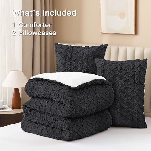 Image of Andency Fluffy Sherpa Queen Comforter Set, Black Fleece Soft Bedding Set