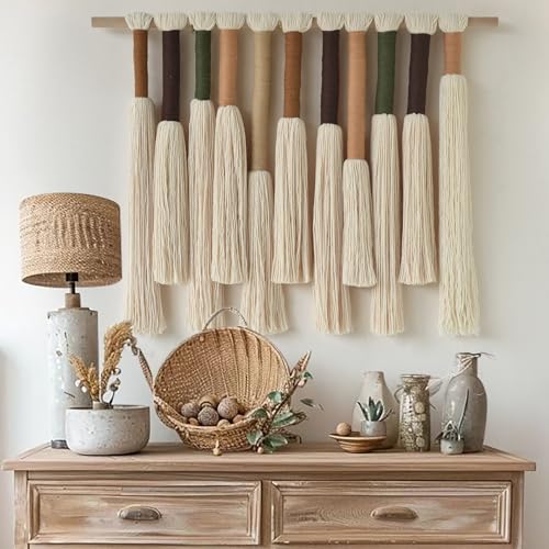 Macrame Wall Hanging Boho Home Decor Handmade Cotton Fiber Art with Neutral Ivory Tassels Modern Bohemian Wall Decor for Living Room Bedroom Apartment 27 W x 22 L