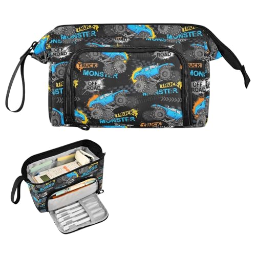 Image of Monster Truck Print Pencil Case Pouch Big Capacity Pencil Bag Box Organizer Pen Case with Compartmens Stationery Organizer for Girls Boys Women School College Office