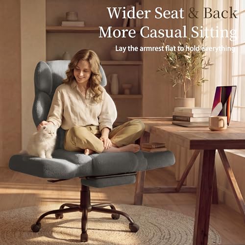 Image of Office Chair with Flip Armrests,Big and Tall Office Chair with Foot Rest,Extra Wide Seat & Lumbar Pillow,Comfy Criss Cross Chair for Pets Sitting,Ergonomic Computer Gaming Chair,Teddy Fleece,Grey