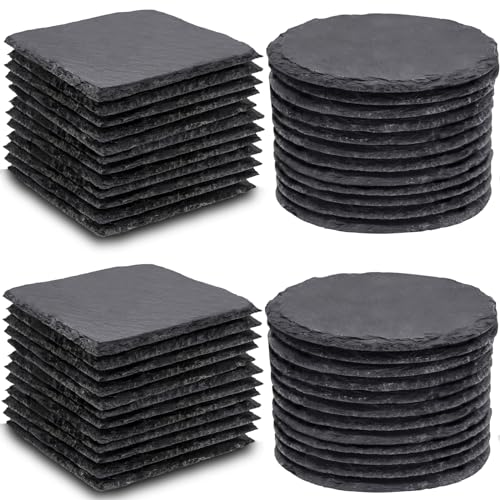 MAPRIAL 48 PCS Slate Coasters Bulk, 4 Inch Black Coasters for Drinks, 24 PCS Natural Square Slate Coasters and Round Stone Coasters for Coffee, Office, Bar, Wooden Table, Home Decor, Cups, Gifts.