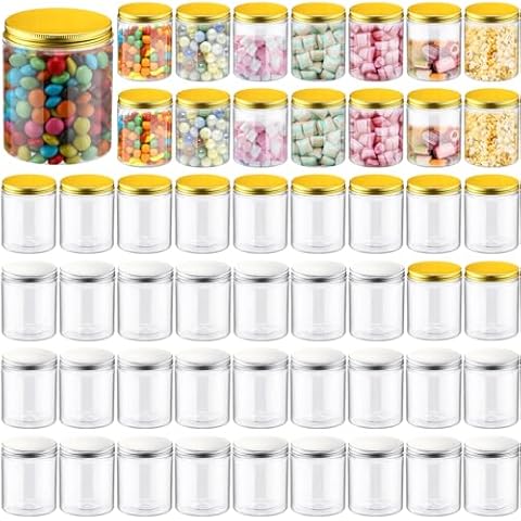 Mifoci 50 Pcs 16 oz Clear Plastic Jars Containers with Screw on Lids Round Empty Plastic Storage Gift Food Jars Clear Airtight Jars Containers for Household and Kitchen Organizing, Gold and Silver Cover